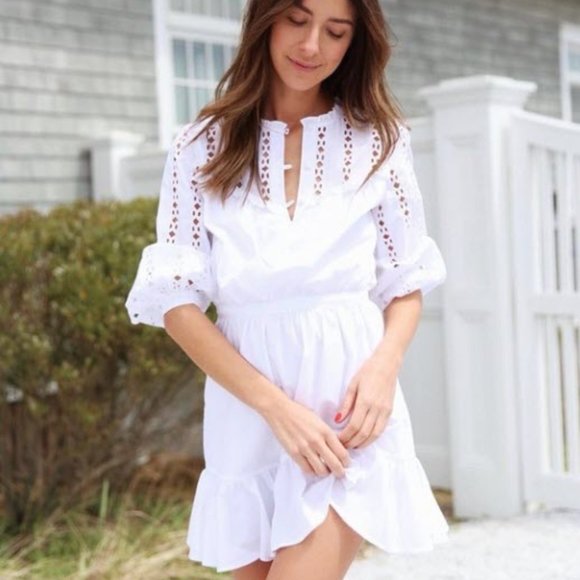 Something Navy White Ruffle Long Sleeve Eyelet Mini Dress - Picture 1 of 7